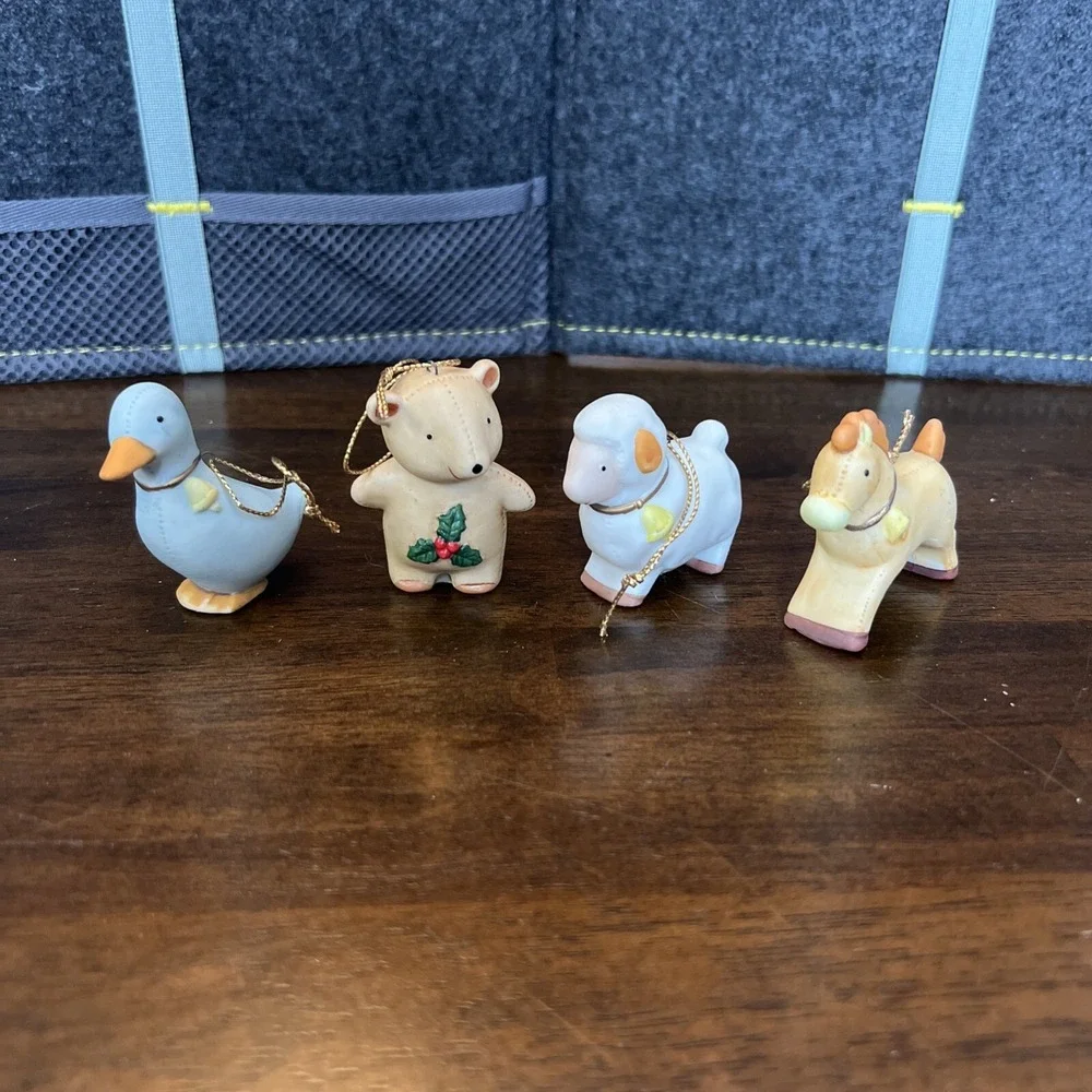 (4) Vintage Homco Farm Animal Christmas Holiday Ornaments - Bear Duck Sheep Deer